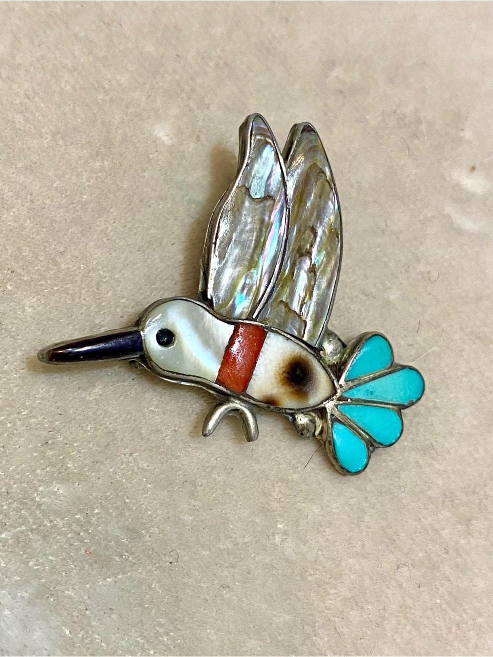 Vintage Zuni Hummingbird Brooch Native American Sterling Silver